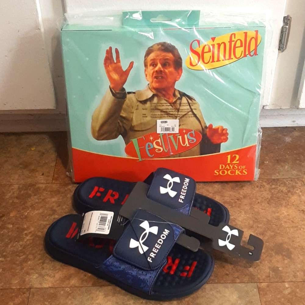 New. Men's Size 8. Under Armour Slides. Seinfeld Festivus 12 Days Of Socks.
